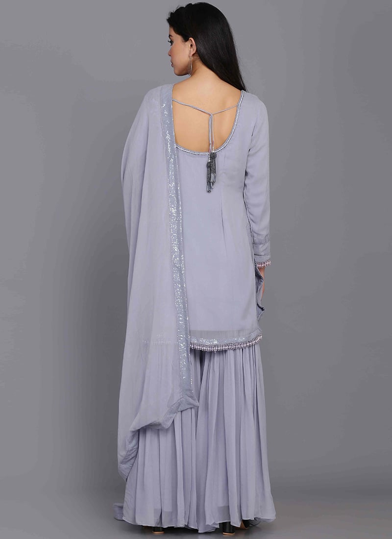 Lavender Georgette Embroidered Kashmiri Suit with Pearl Work On Neck & Kiran Lace Duppata