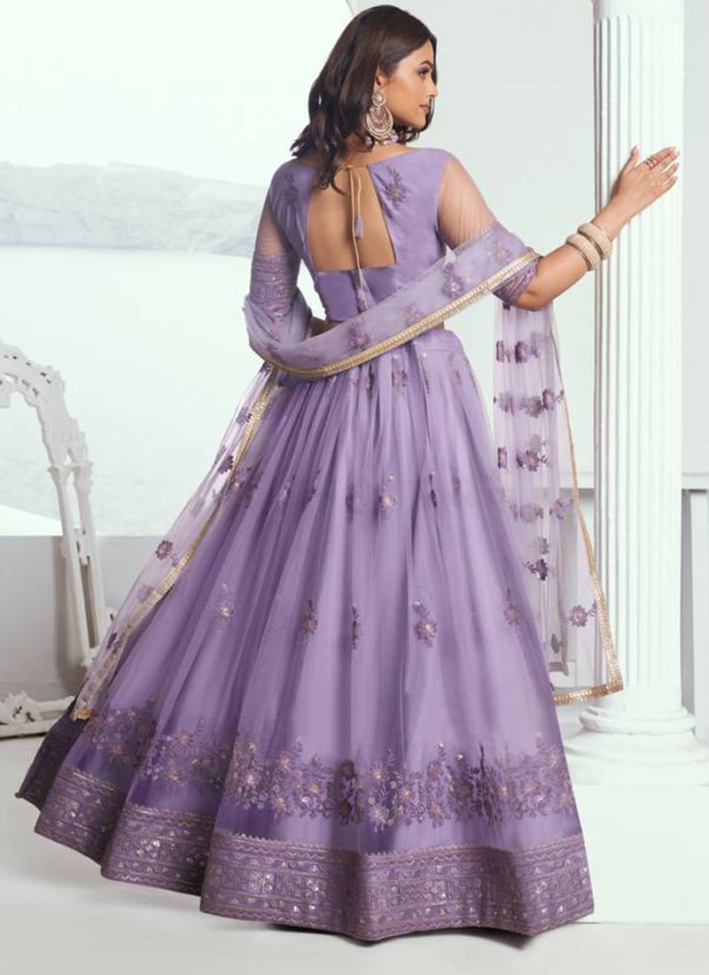 Lavender Net Lehenga With Blouse & Dupatta For Indian & Pakistani Wedding Festival - Thread, Zari, Badla and Glitter Dori Embroidery Work