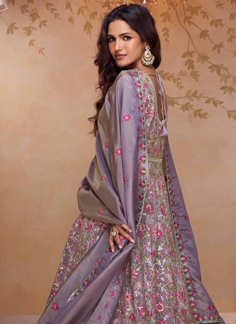 Mauve Organza Heavy Sequins & Embroidery Work Front Slit Anarkali Gown With Soft Chiffon Duppata main image 0