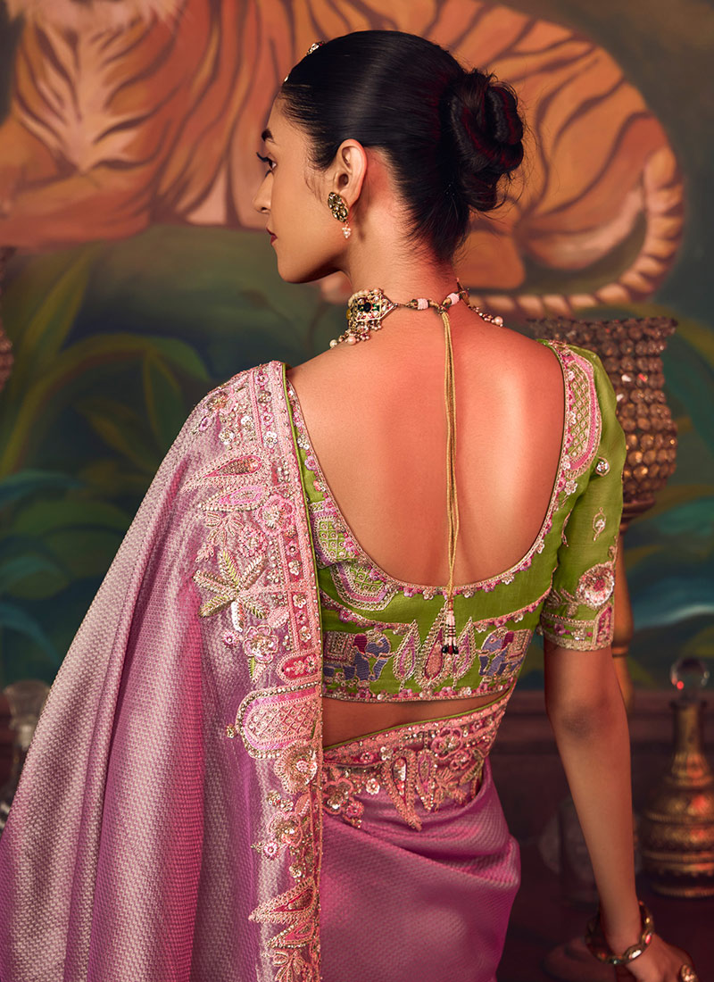 Lavender Embellished Silk Blend Sarees With Unstitched Blouse Piece