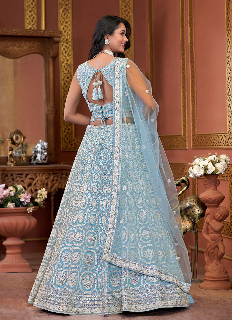 Blue Stone Work Lehenga & Crop Top Ensemble - Light