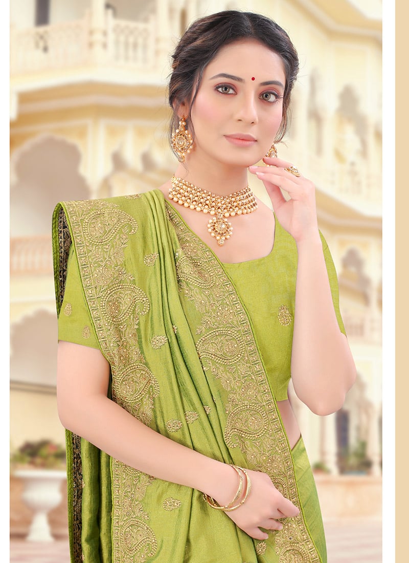 Buy Light Green Vichitra Silk Zari Embroidery Saree Party Wear Online