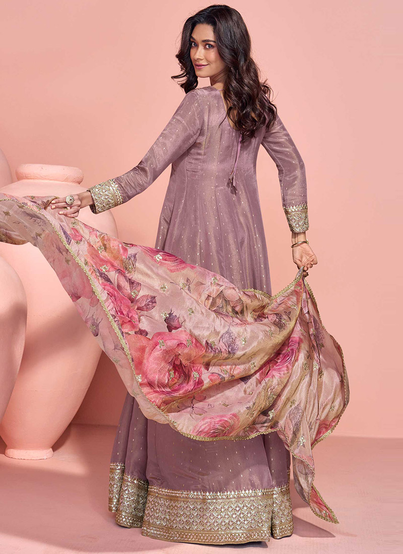 Attractive Pale Mauve Art Silk Zari Embroidered Festive Anarkali Gown