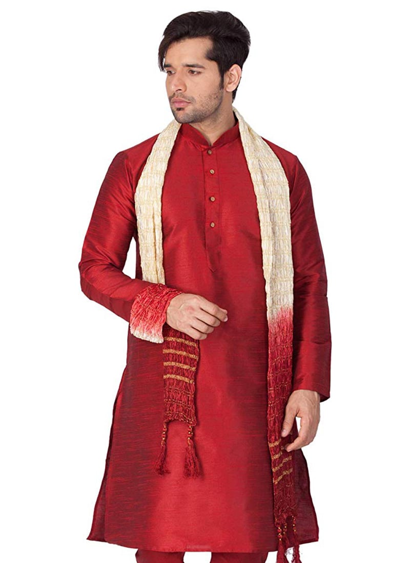 Men Maroon Slub Silk Embroidered Kurta Pyjama