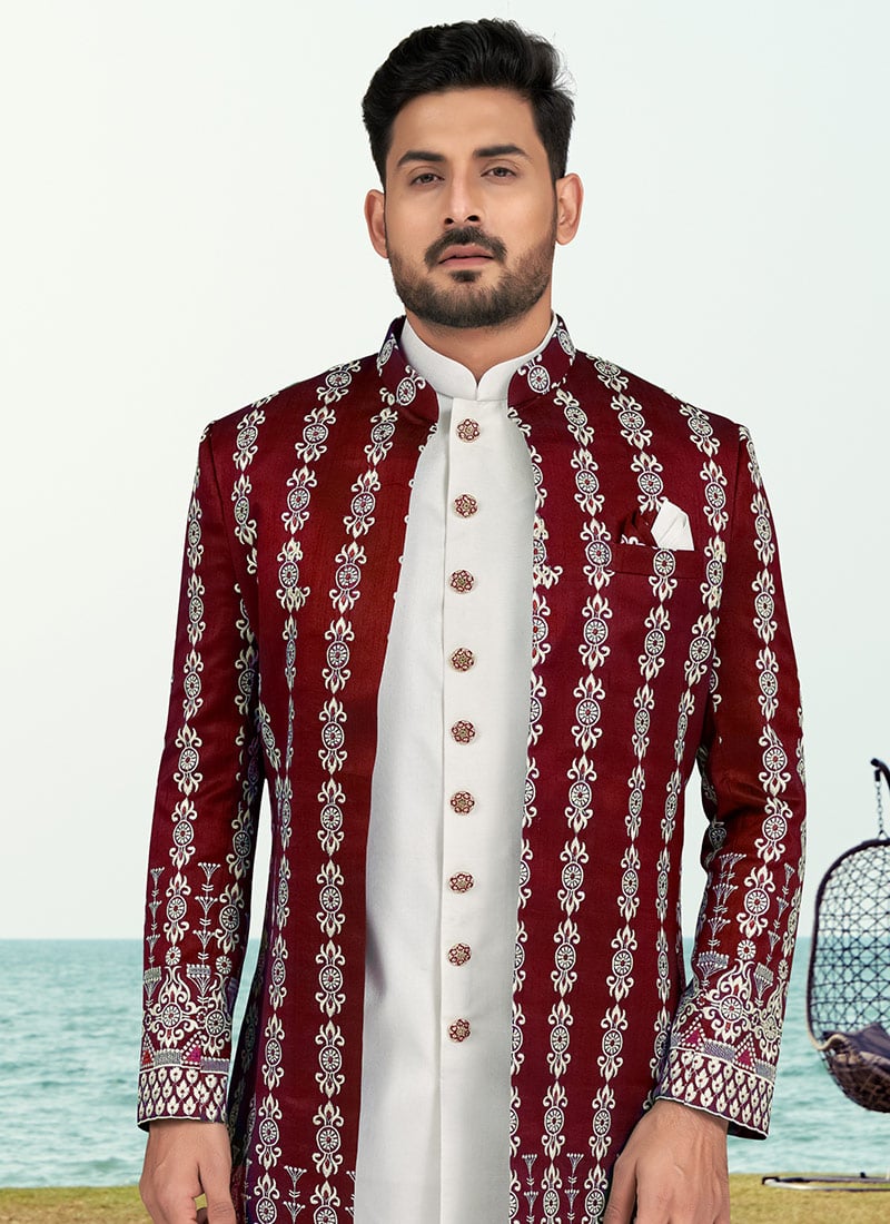 Maroon Banarasi Long Embroidered Sherwani With Two Kurta And Wide Leg Pant main image 0