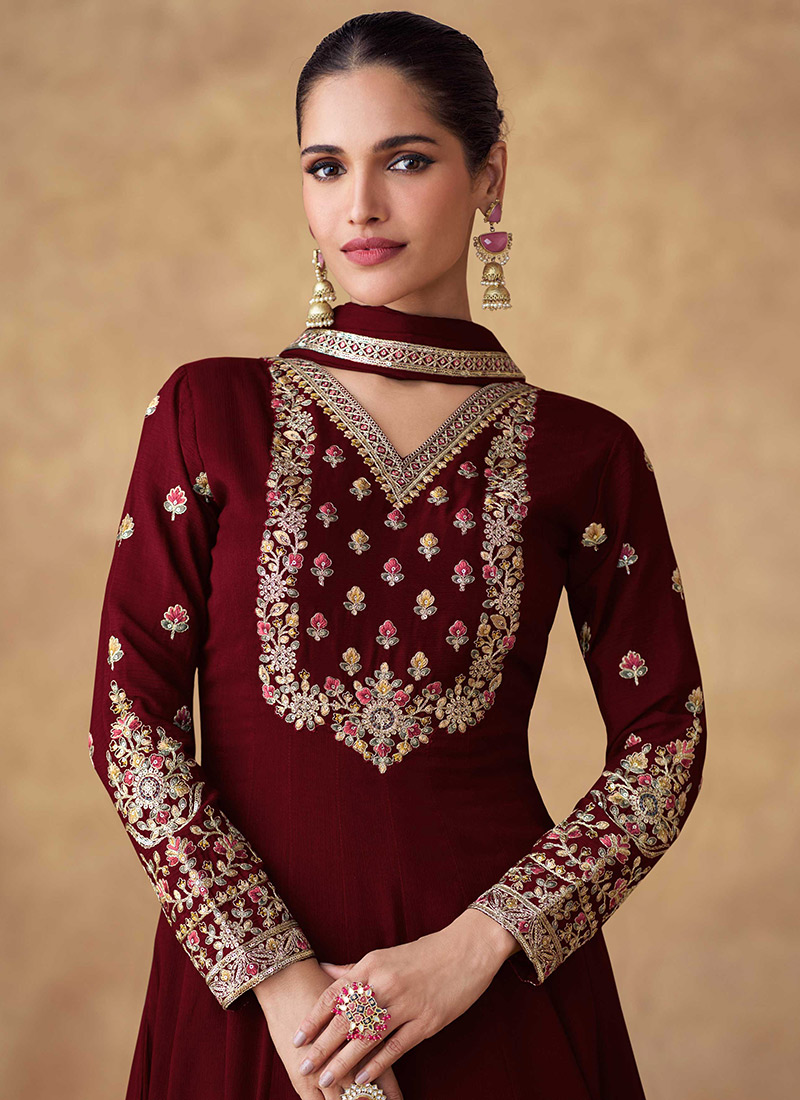 WOMEN MAROON CHINON SILK PARTY WEAR EMBROIDERY SUIT SET