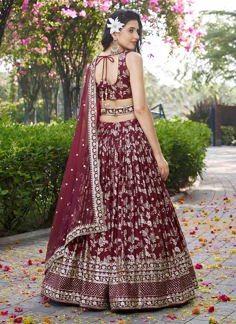 Maroon Multi Sequins & Thread Wedding A Line Lehenga