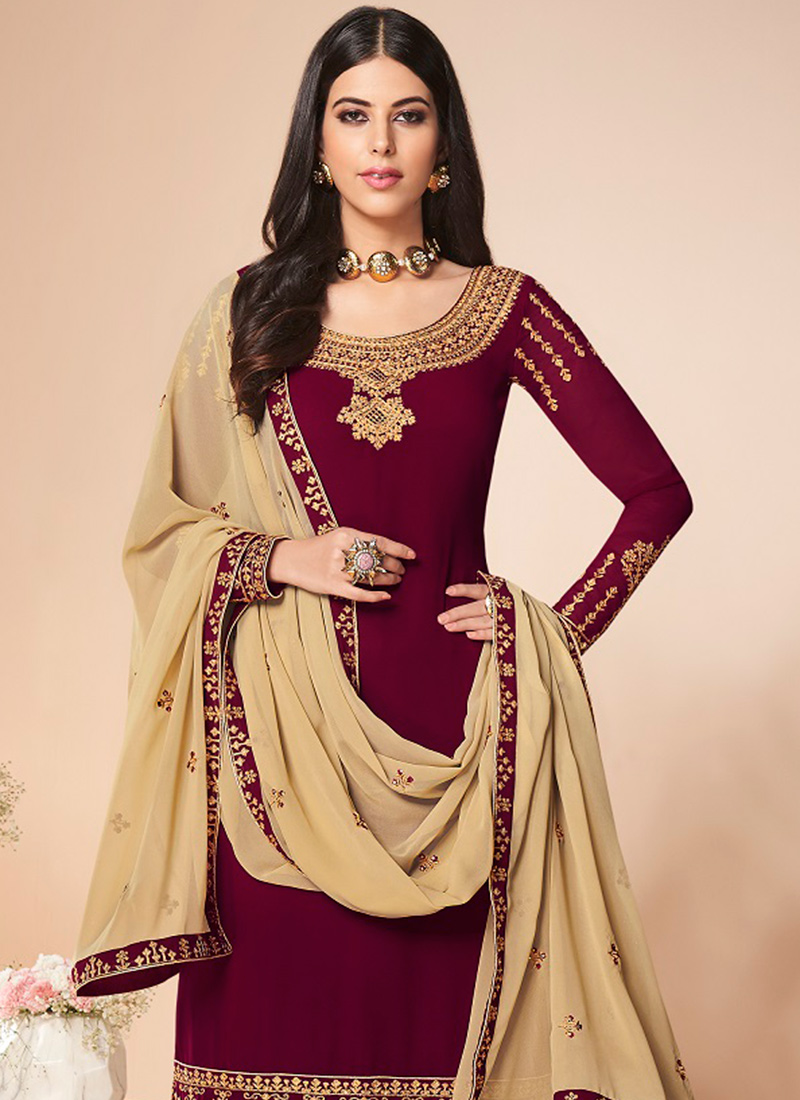 Buy Maroon Embroidered Churidar Suit, Embroidered, churidar suit Online