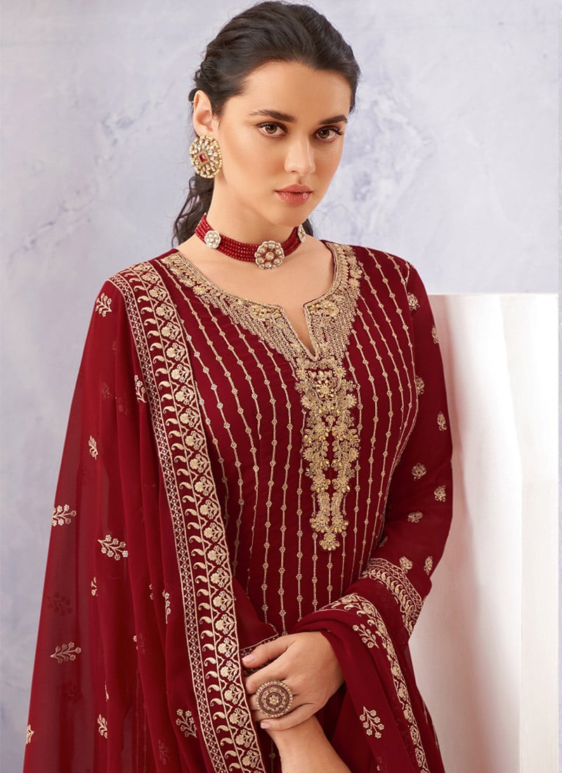 Maroon Pant style Salwar Suit Georgette main image 0