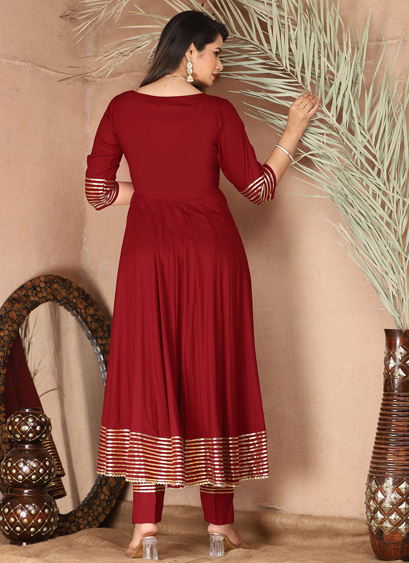 Idalia Women's Maroon Anarkali Dress - Rayon Festive Kurti With Printed Borders & 3/4 Sleeves