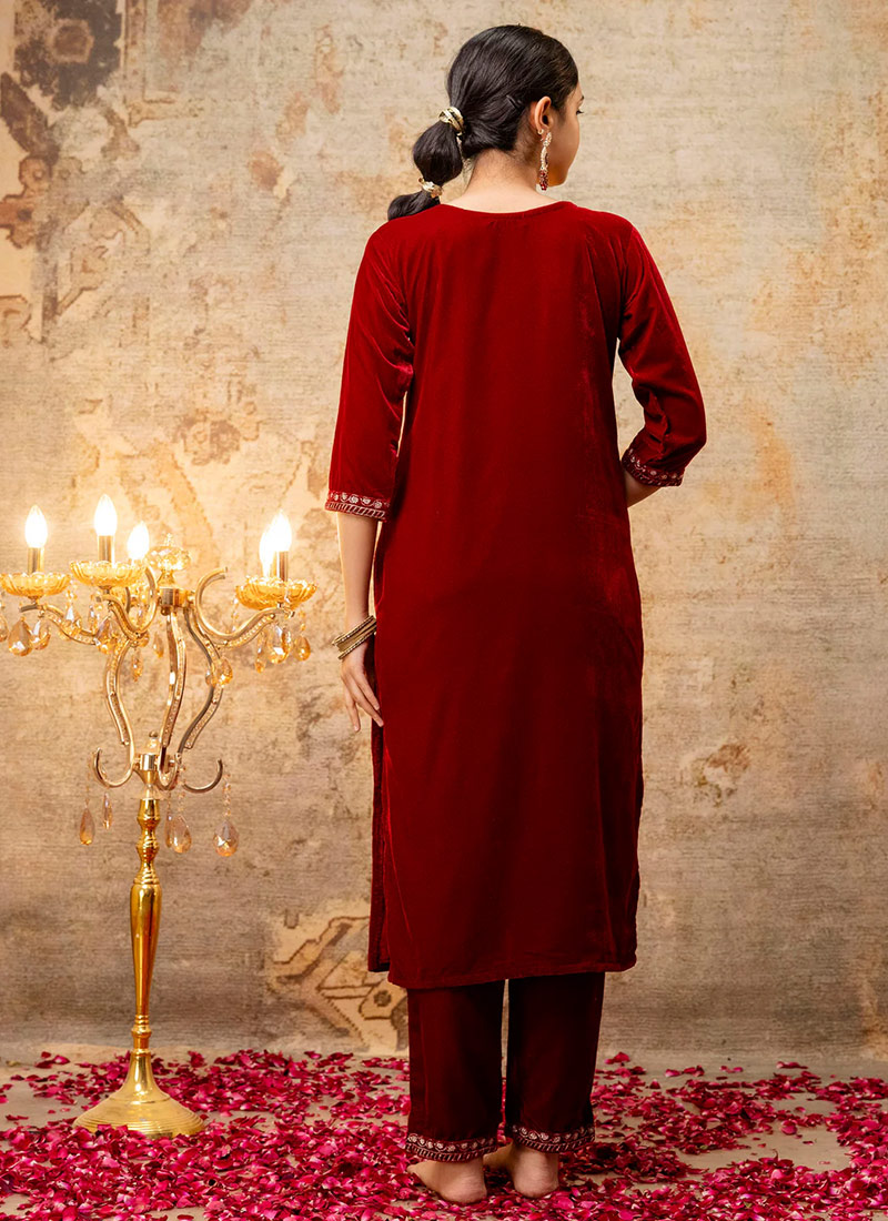 Maroon Trendy Elementary Designer Readymade Pant Suit With Embroidery Work
