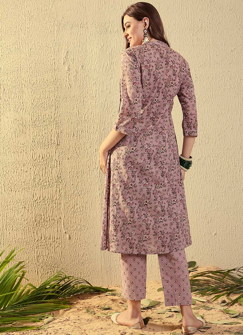 Women Mauve & Pink Straight Floral Printed Kurta And Skirt Set
