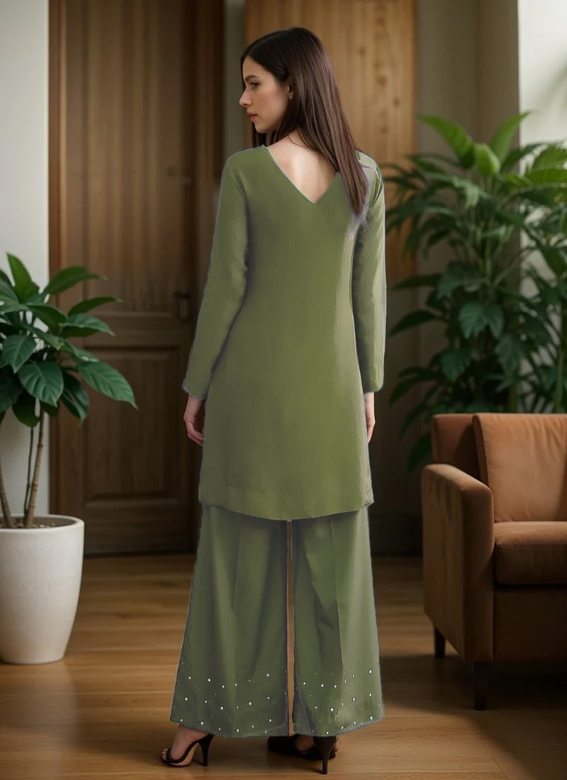 Mehendi Green Trendy Designer Readymade Palazzo Suit With Embroidery Work