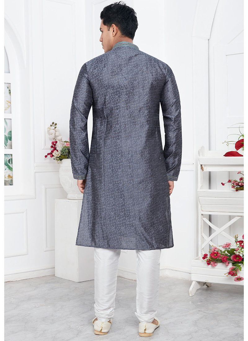 Grey Kurta Pajama Jacquard Silk