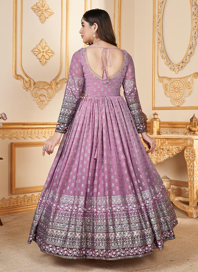 Lavender Foil Printed Silk Embroidered Festive Anarkali Gown main image 1