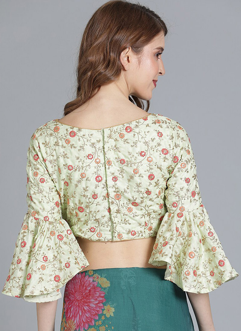 Green Silk Blouse with Pink Embroidered Roses - Semi-Stitched main image 0