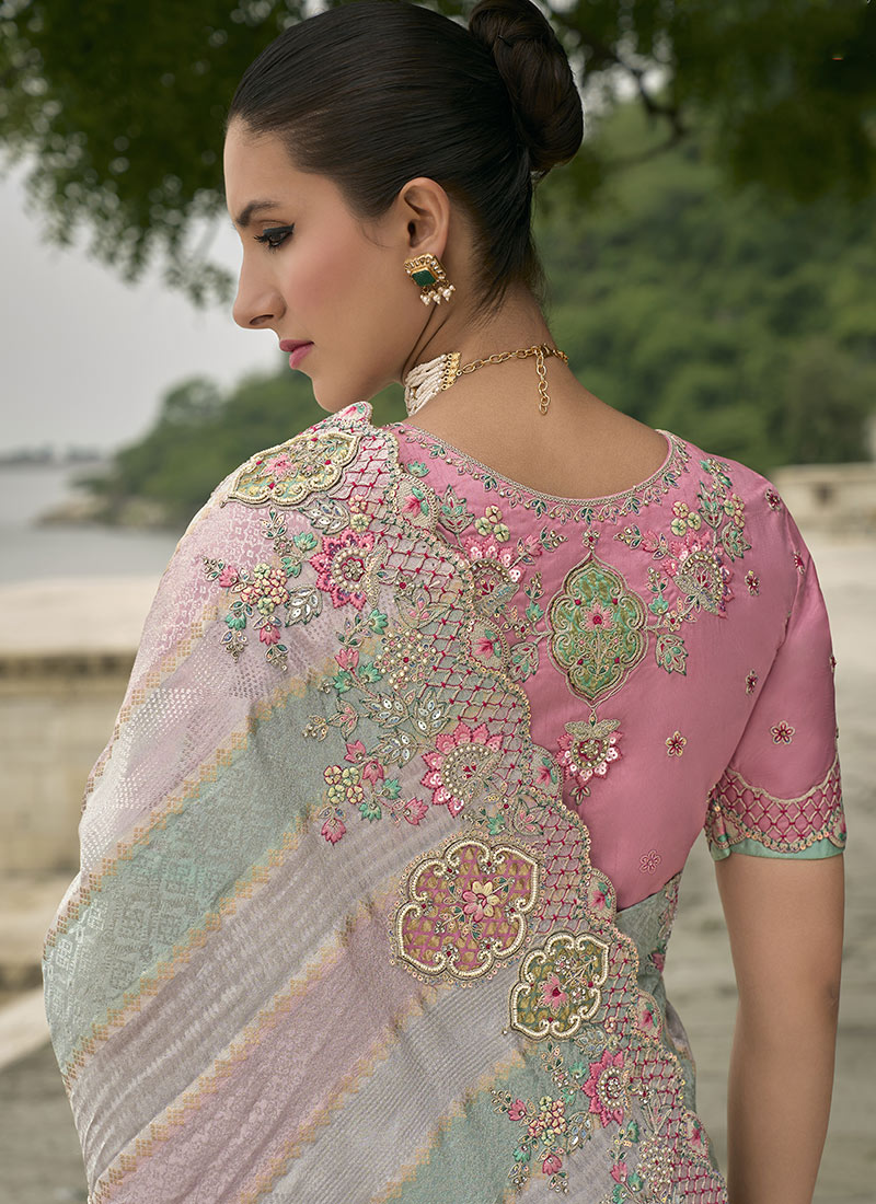 Beige Embroidered Organza Satin Saree with Dual Sequins & Stone Handwork Elegant Tissue Silk Blouse - Buy