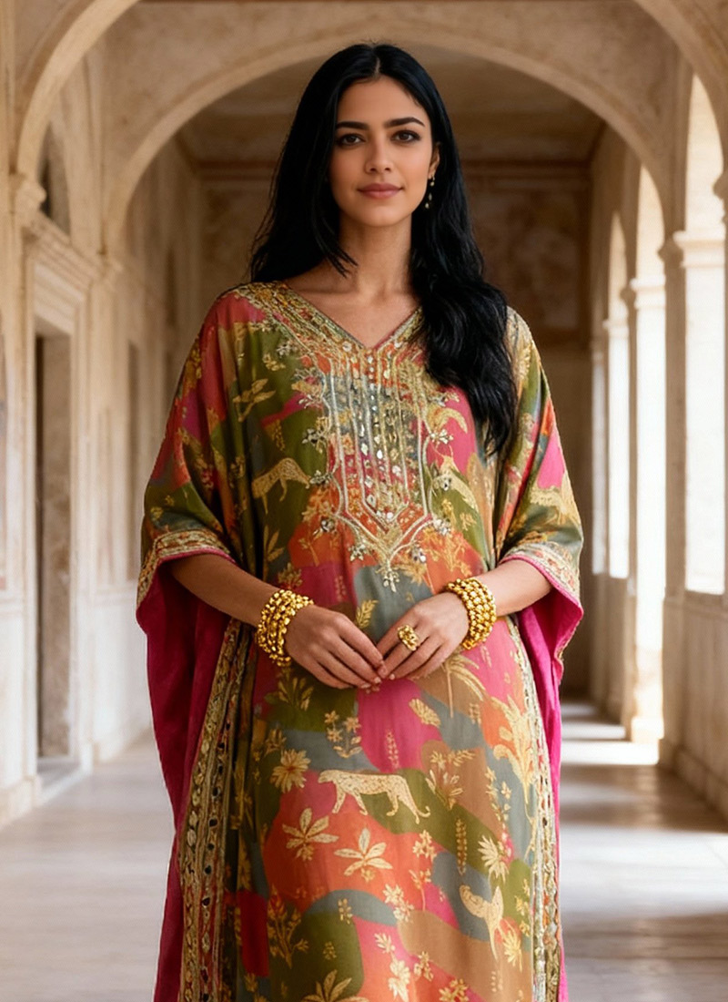 Women  Mustard- Multi Colored Pure Silke Gotta And Mirror Embroidered Kaftan With Dhoti Pants