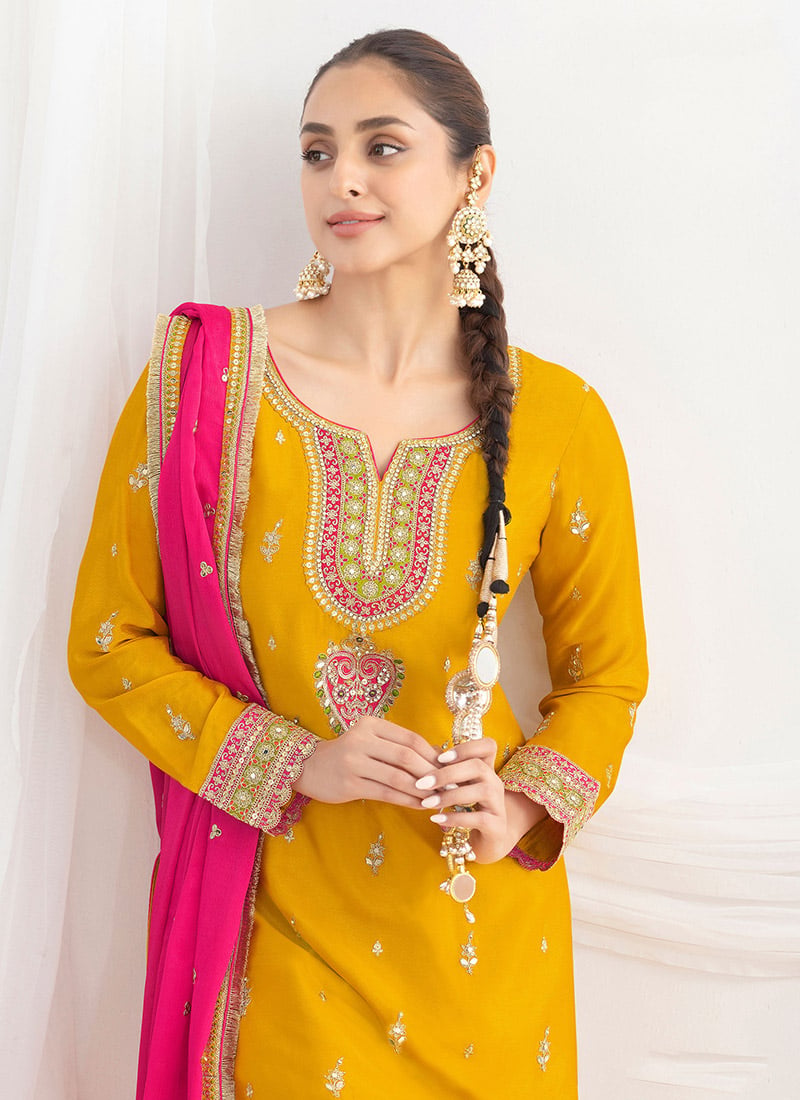 Shop Mustard Chinon Zari Embroidered Sequins Stones Work Palazzo Suit ...