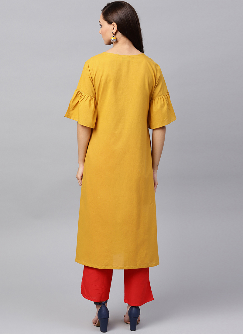 Buy Mustard Cotton Kurti, Embroidered, knee length kurti Online