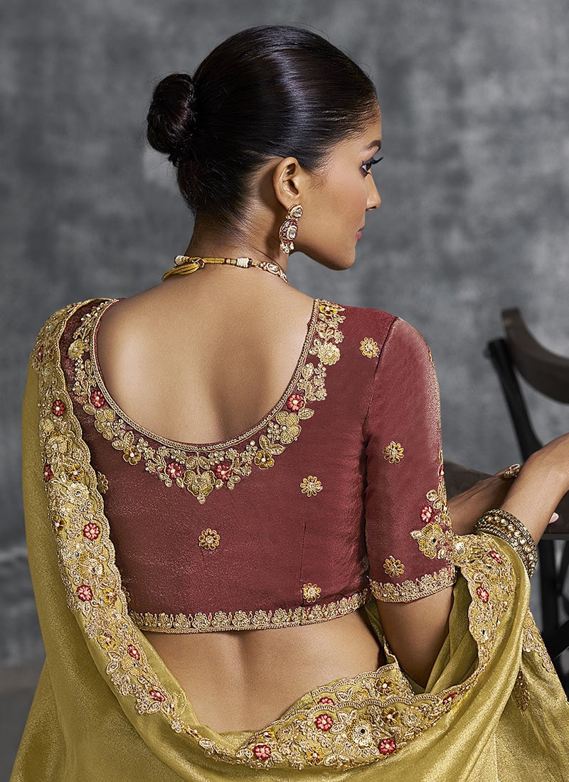 Mustard Resham & Zari Embroidered Georgette Stone Work Embellish Saree