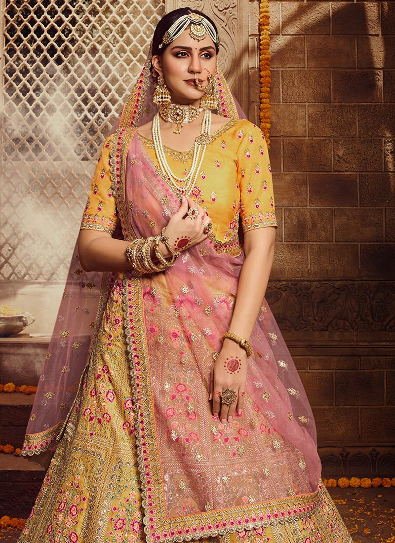 Buy Mustard Organza Umbrella Lehenga Wedding Wear, Embroidered
