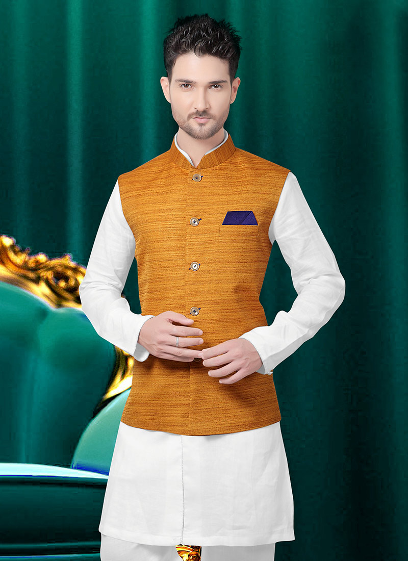 Buy Mustard Yellow Art Silk Nehru Jacket, Party Wear, nehru jacket
