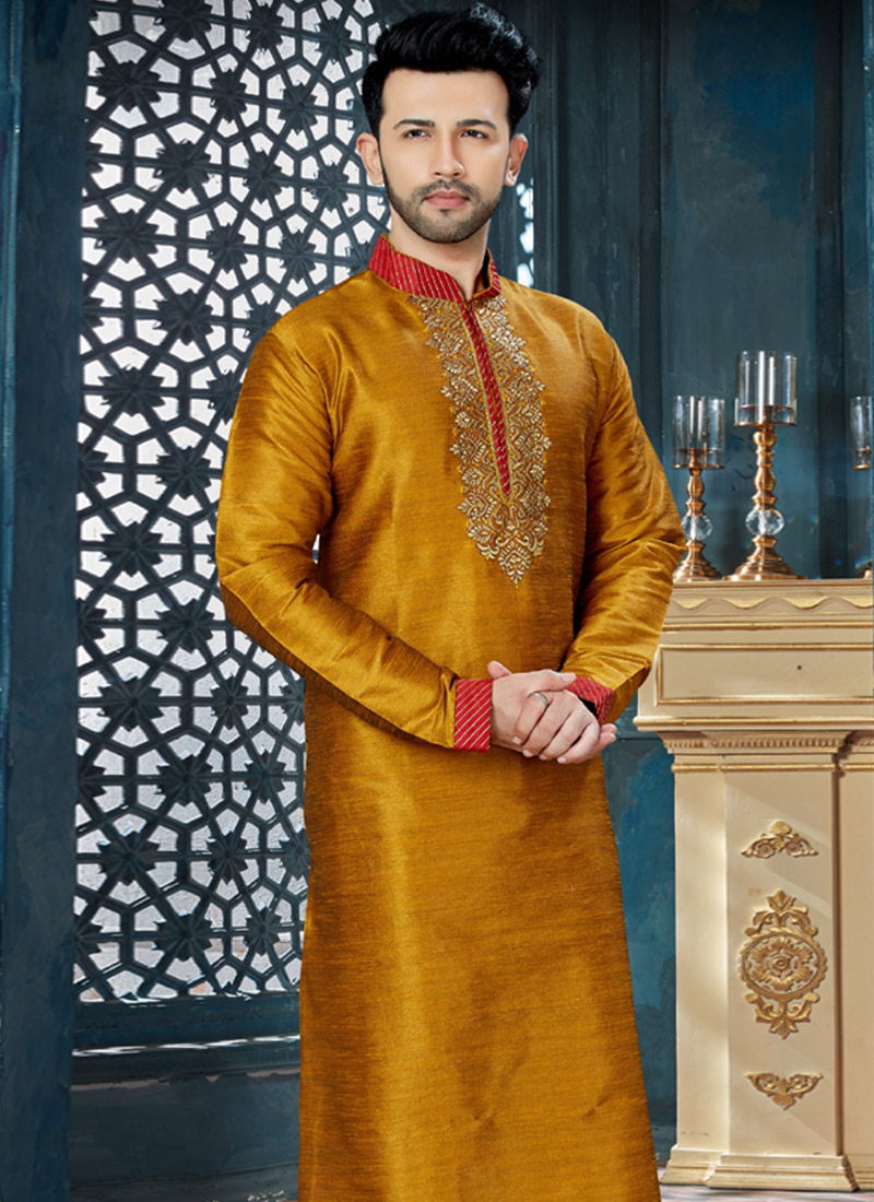 Buy Mustard Yellow Embroidered Kurta Pyjama, Embroidered, kurta pyjama