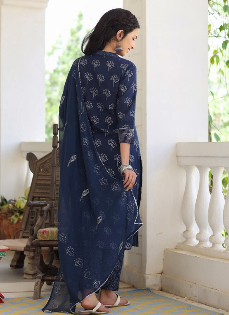 Royal Blue Suit with Flared Palazzo & Embroidered Organza Dupatta