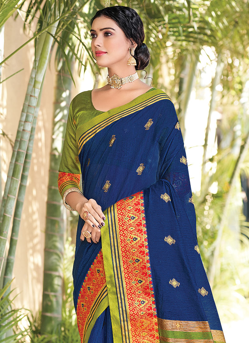 Kalyani Cotton Saree - Gold Zari : Blue x Orange x Bright Orange main image 0