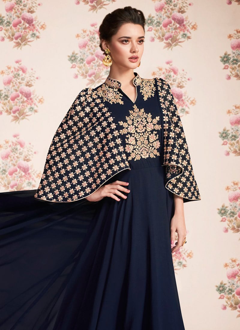 Buy Navy Blue Embroidered Kurta Churidar Set, Embroidered, kurta churidar set Online Shopping