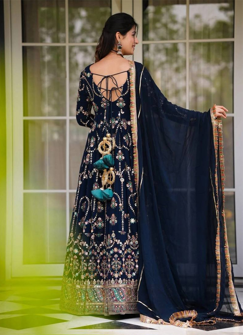 Luxurious Blue Sequins Embroidered Trendy Velvet Anarkali main image 1
