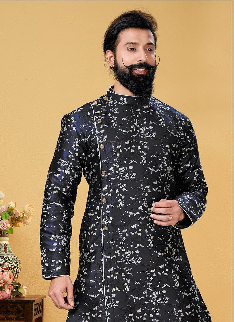 Buy Navy Blue Heavy Silk Jacquard Indowestern Sherwani Wedding Wear