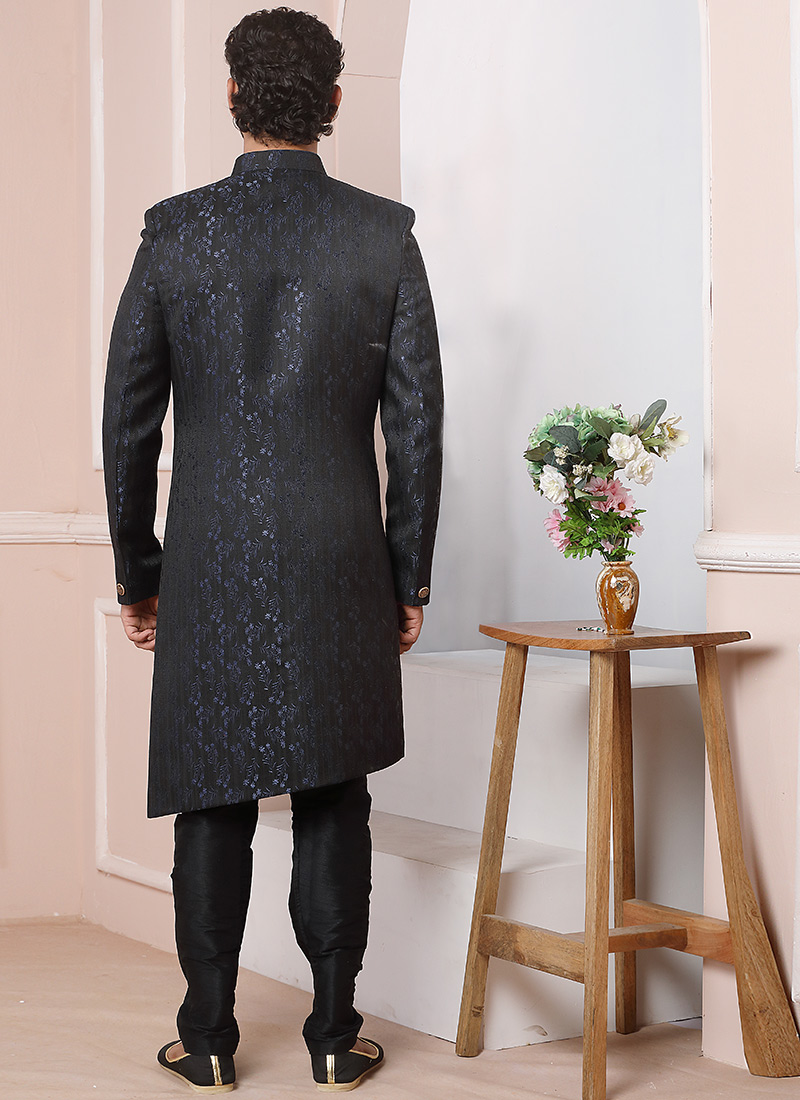 Shop Navy Blue Jacquard Silk Classic Sherwani Wedding Wear Online at
