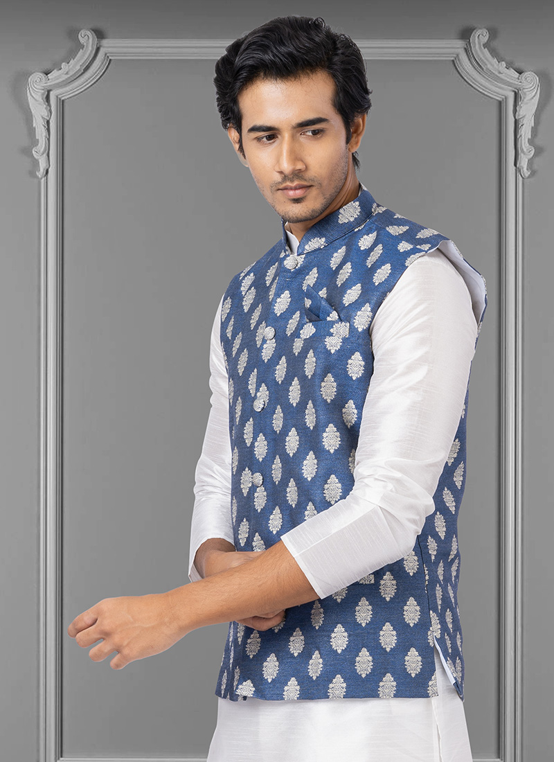 Buy Navy Blue N White Jacquard Silk Nehru jacket, Jacquard, nehru jacket Online Shopping JMKKVS477