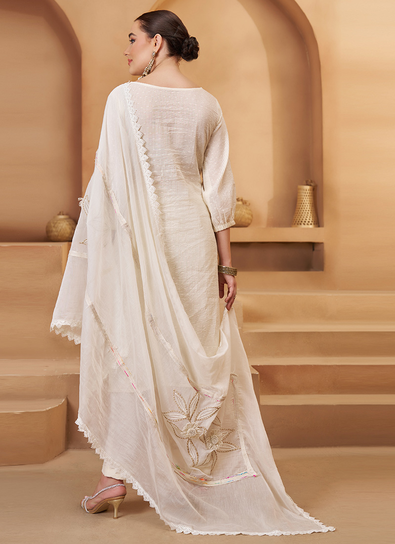 Off White Designer Readymade Pant Suit With Printed Embroidery Work