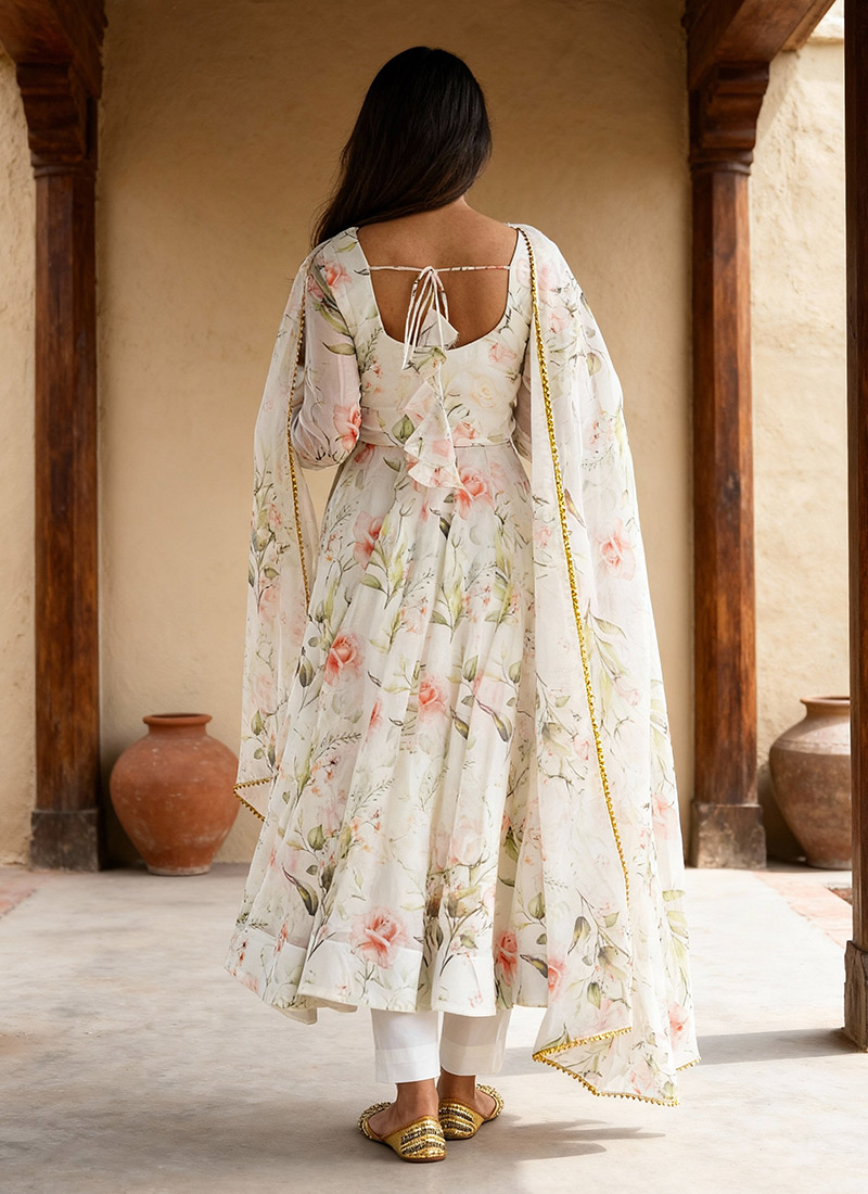 Off white banarasi organza mirror & resham embroidered suit paired with cowl skirt