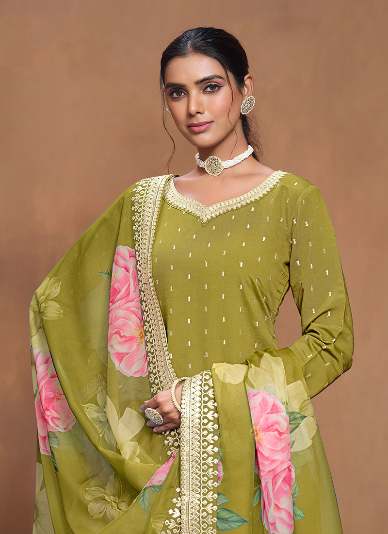 Women rama green roman silk embroidered sequence designer salwar suit