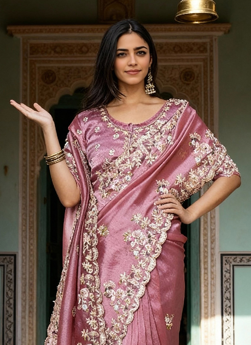 Onion Pink Silk Crepe Embroidered Designer Saree main image 1