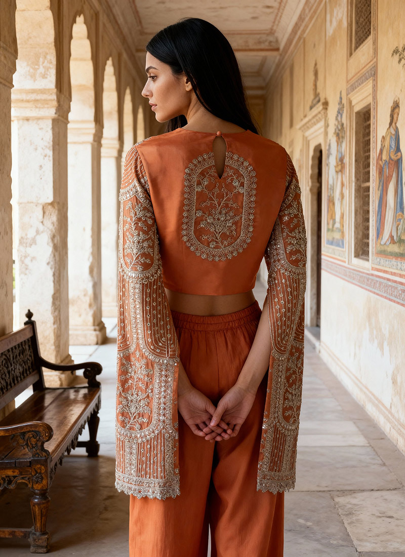 Mustard Indo Western Dress in Chinon Silk with Palazzo & Dupatta