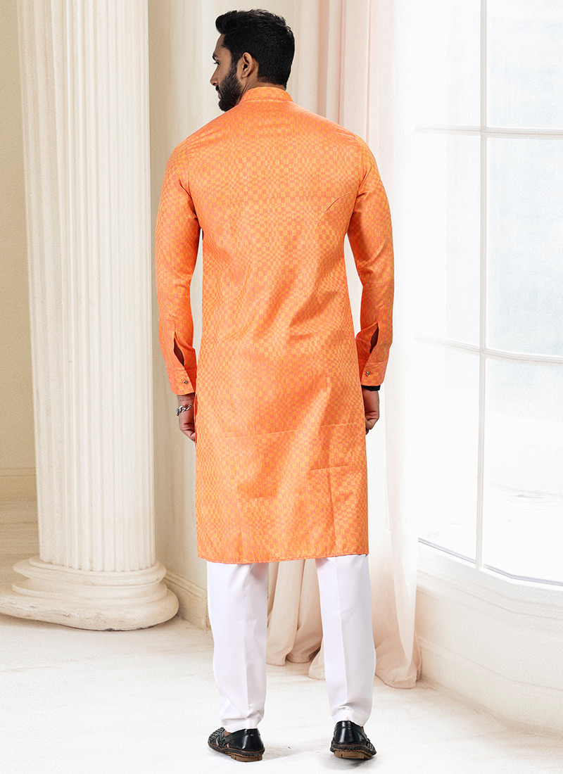 Shop Orange Silk Kurta Pyjama Party Wear Online at Best Price Cbazaar