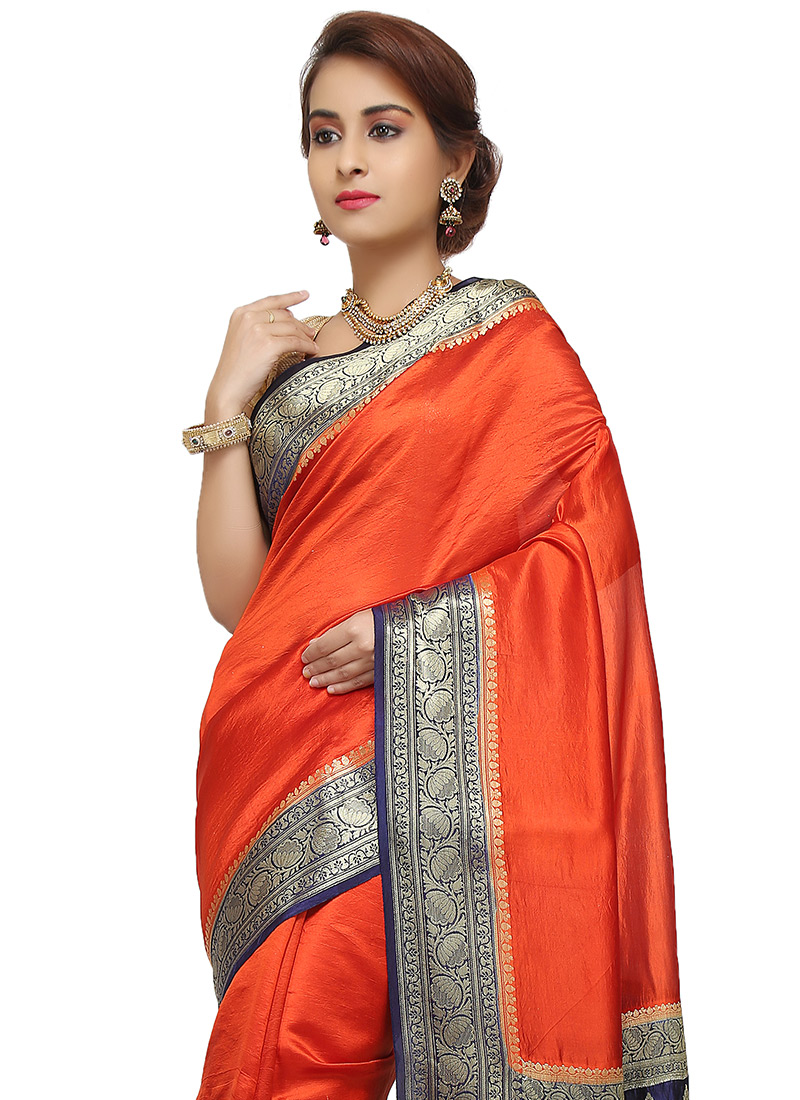 Buy Orange Zari Pure Silk Saree, Zari, sari Online Shopping SAKNSAS727