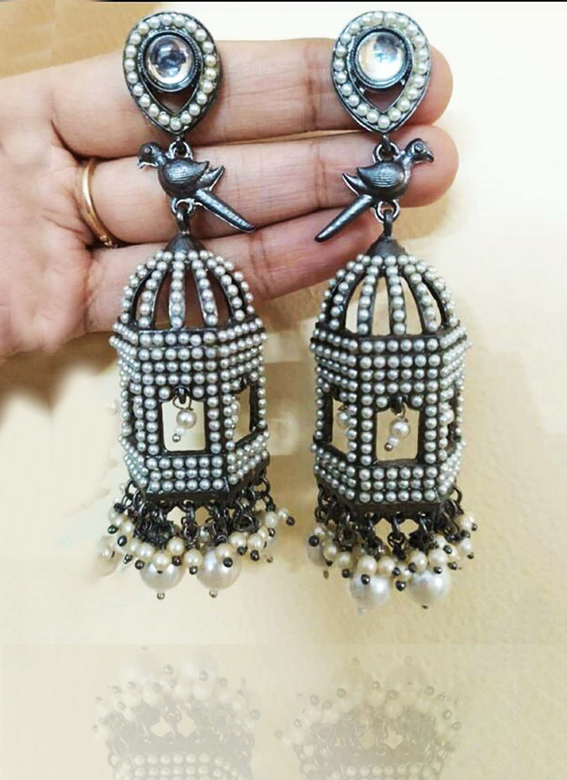 Buy Oxidised Black Metal Parrot Jhumka Earrings Party Wear, Stones