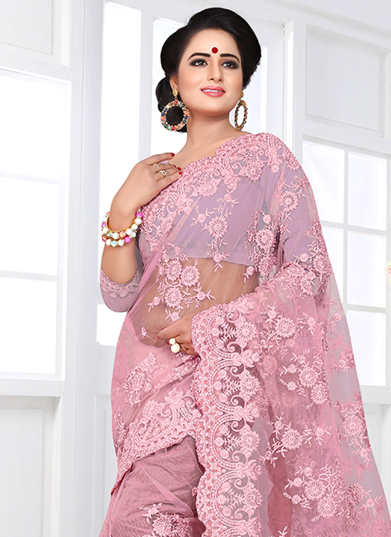 Buy Pale Pink Embroidered Saree Party Wear, Beads , Embroidered, sari