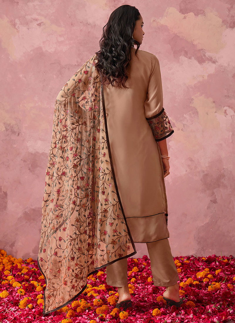 Peach Georgette  Semi-Stitched Pant Suit With Embroidery Sequence Work
