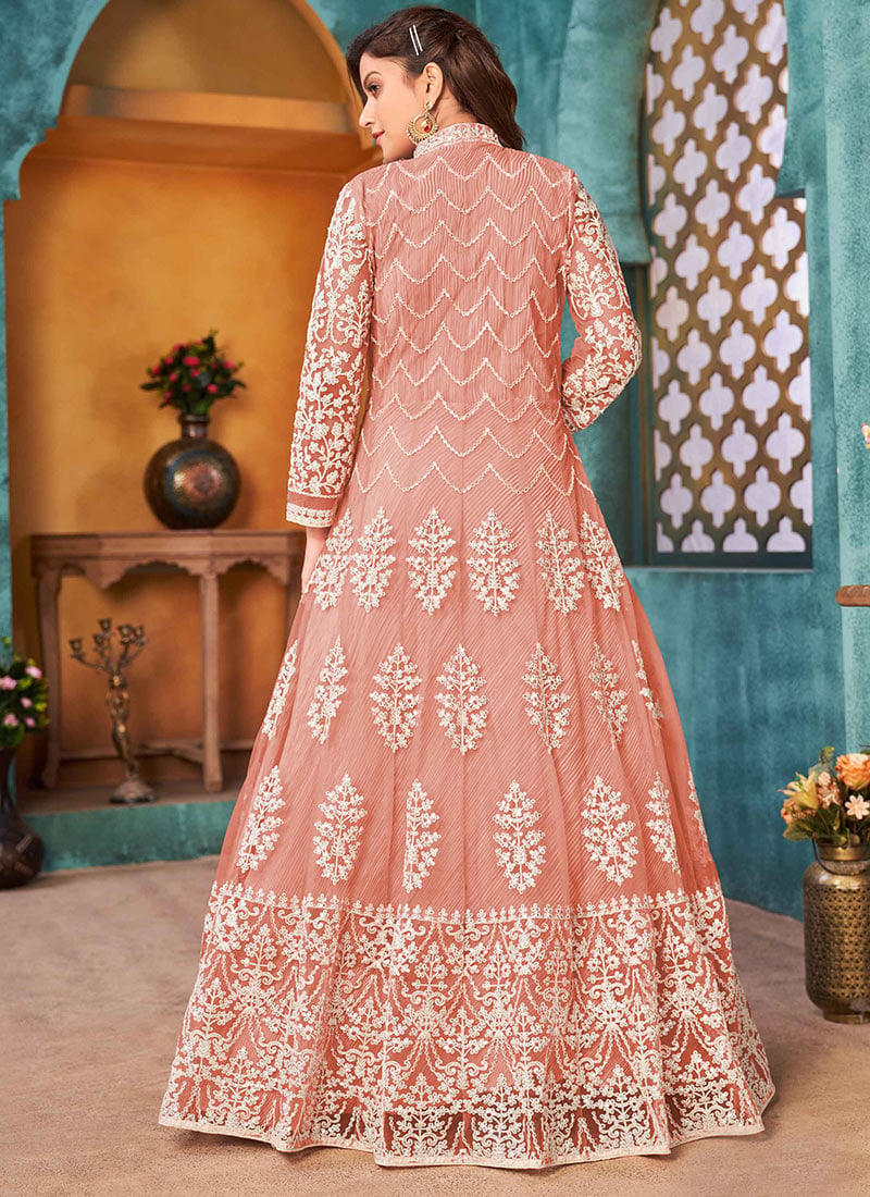 Peacock Colour Pure Cotton Full Flair Embroidered Neck  Indowestern Anarkali Gown main image 1