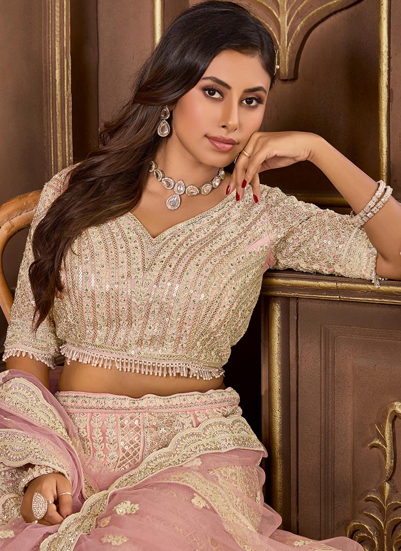 Shop Peach Net Zari Thread Zarkan Embroidered Sequins Elegant Lehenga ...