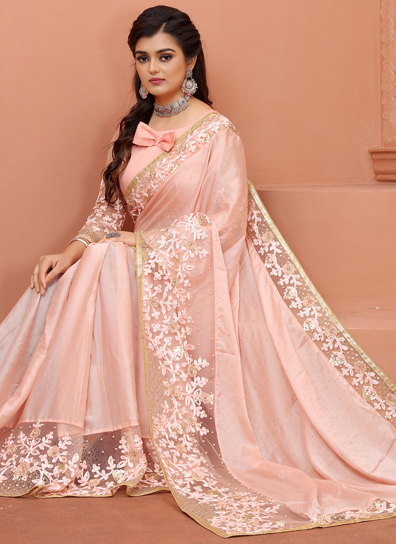 Buy Peach Rangoli Silk Embroidered Saree Party Wear, Sequins , Beads