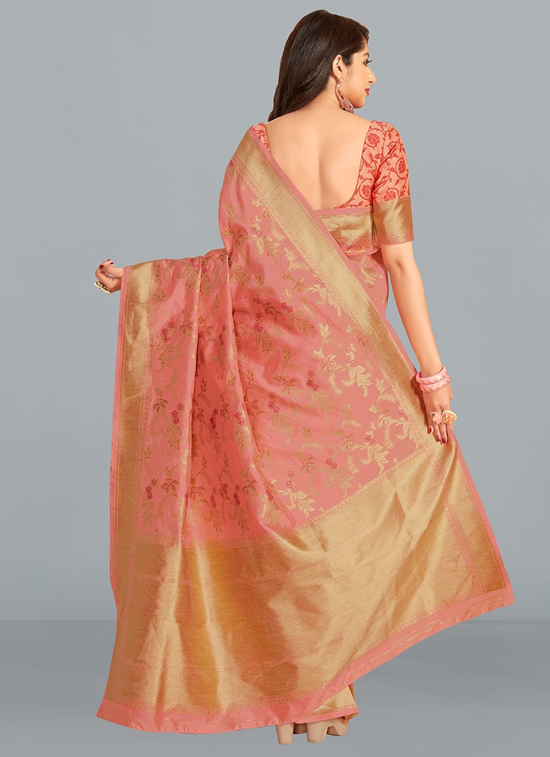 Bridal tissue saree for women with woven zari work and contrast border, kanchipuram style powerloom saree with blouse fabric