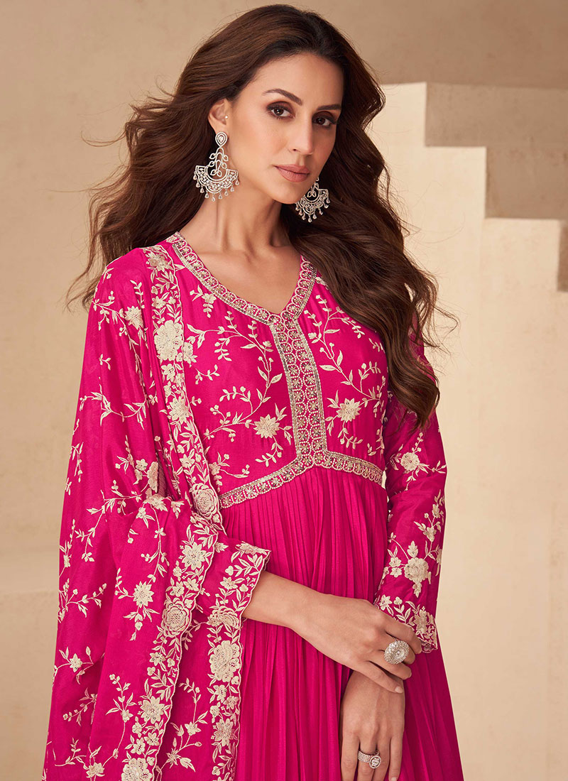 Hot Pink, Floral, Appliqué Work, Silk, Ethnic Wear Suit main image 1